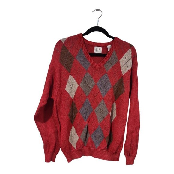 GAP Men's Red Orange Argyle Cotton/Linen Sweater Size M - Picture 1 of 4